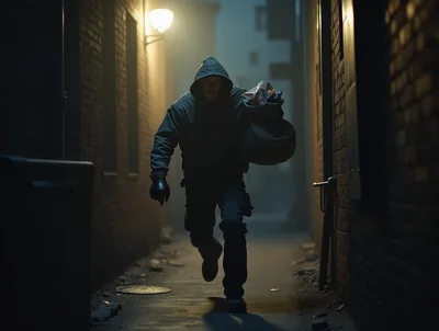 Hooded Thief Running Through A Dark City Alleyway