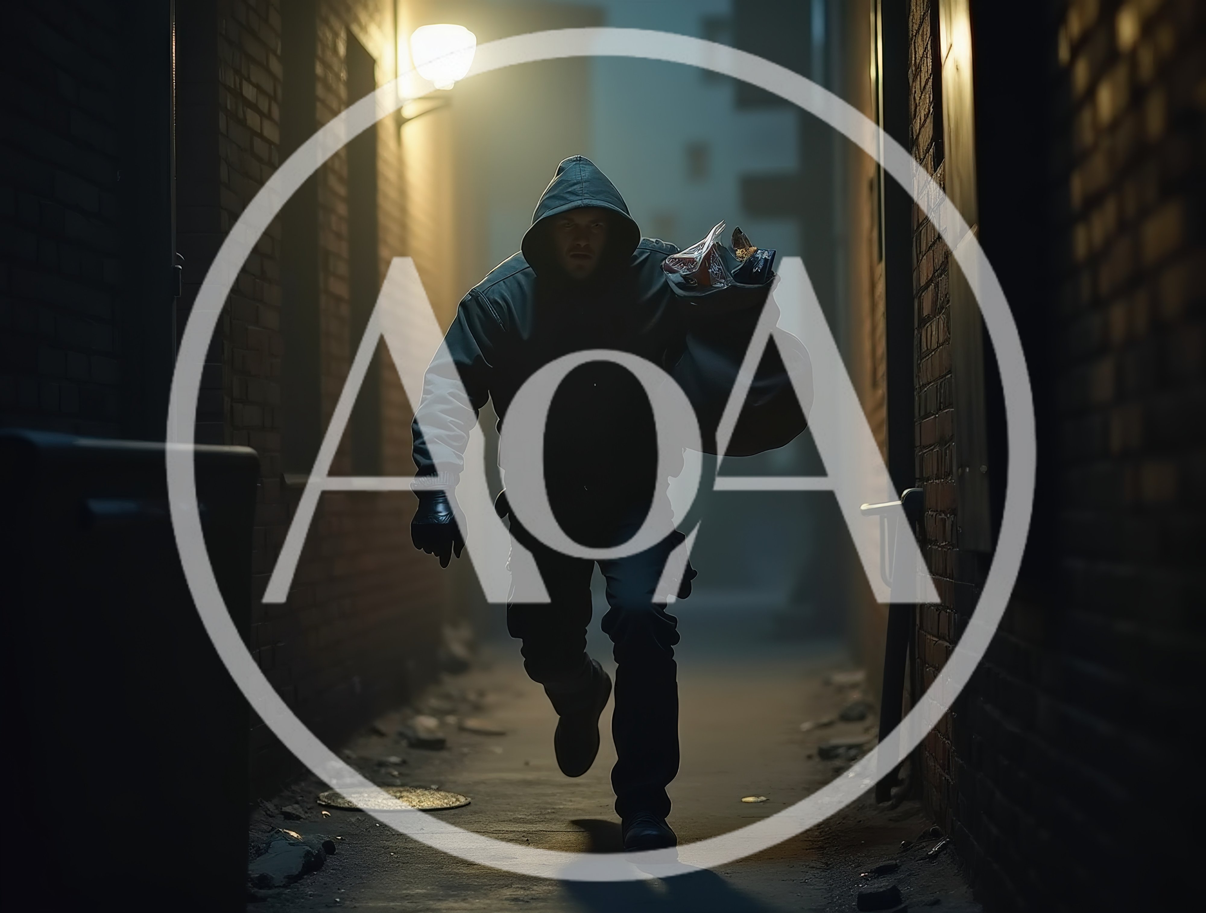 Hooded Thief Running Through A Dark City Alleyway