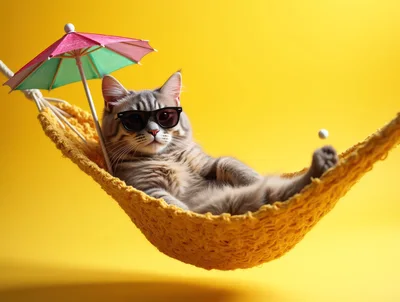 Cool Cat Relaxing In A Yellow Hammock