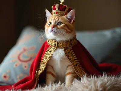 Regal Ginger Cat Wearing A Crown And Royal Cape