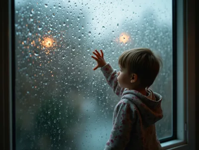 Toddler Touching Raindrops On A Windowpane