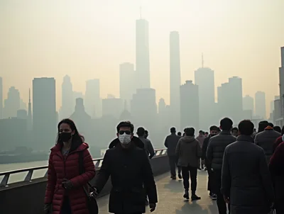 Commuters Walking On A Bridge In A Smoggy City