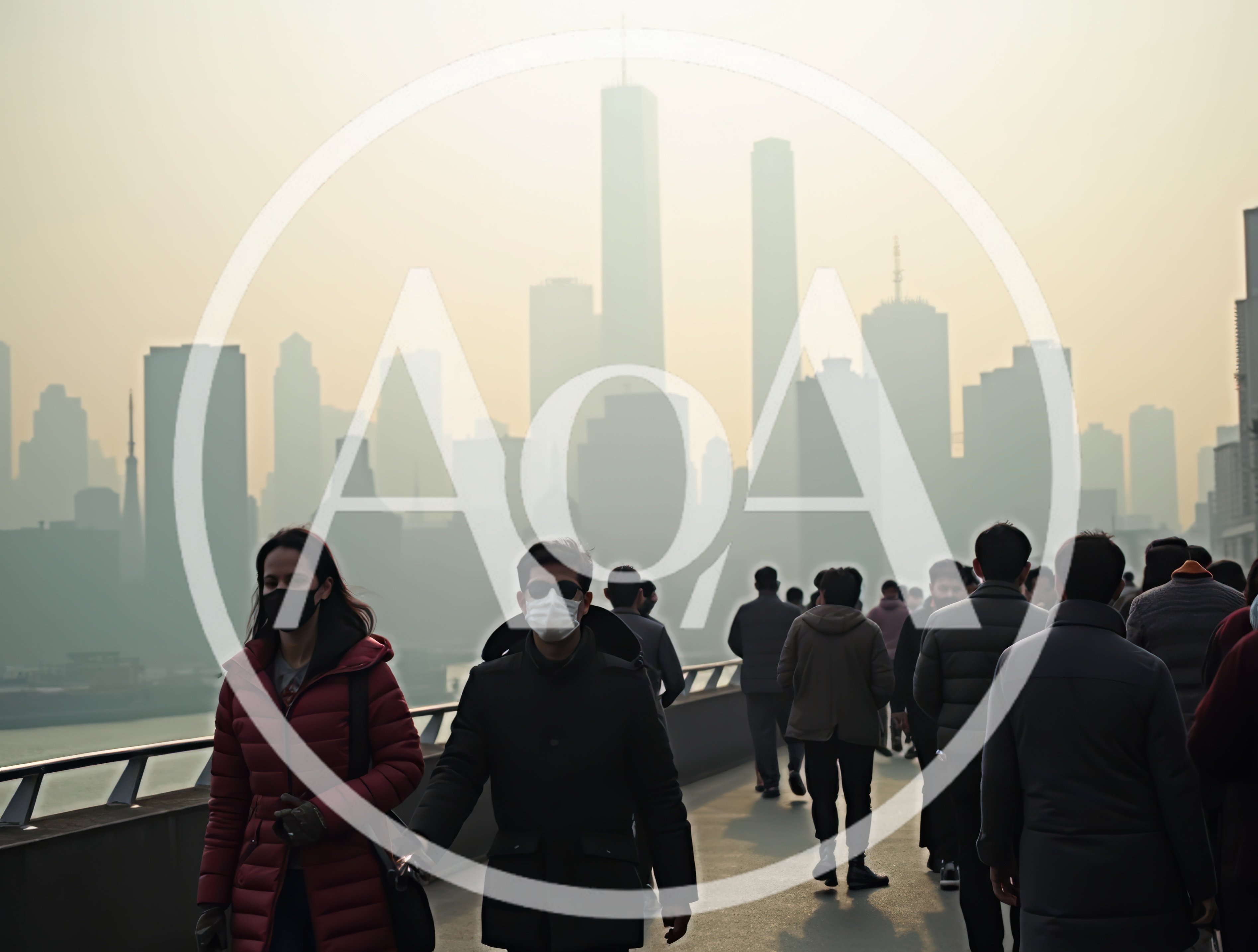 Commuters Walking On A Bridge In A Smoggy City