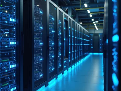 Modern Data Center Server Room With Glowing Blue Lights