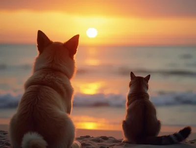 Dog and Cat Sitting Together on Beach at Sunset