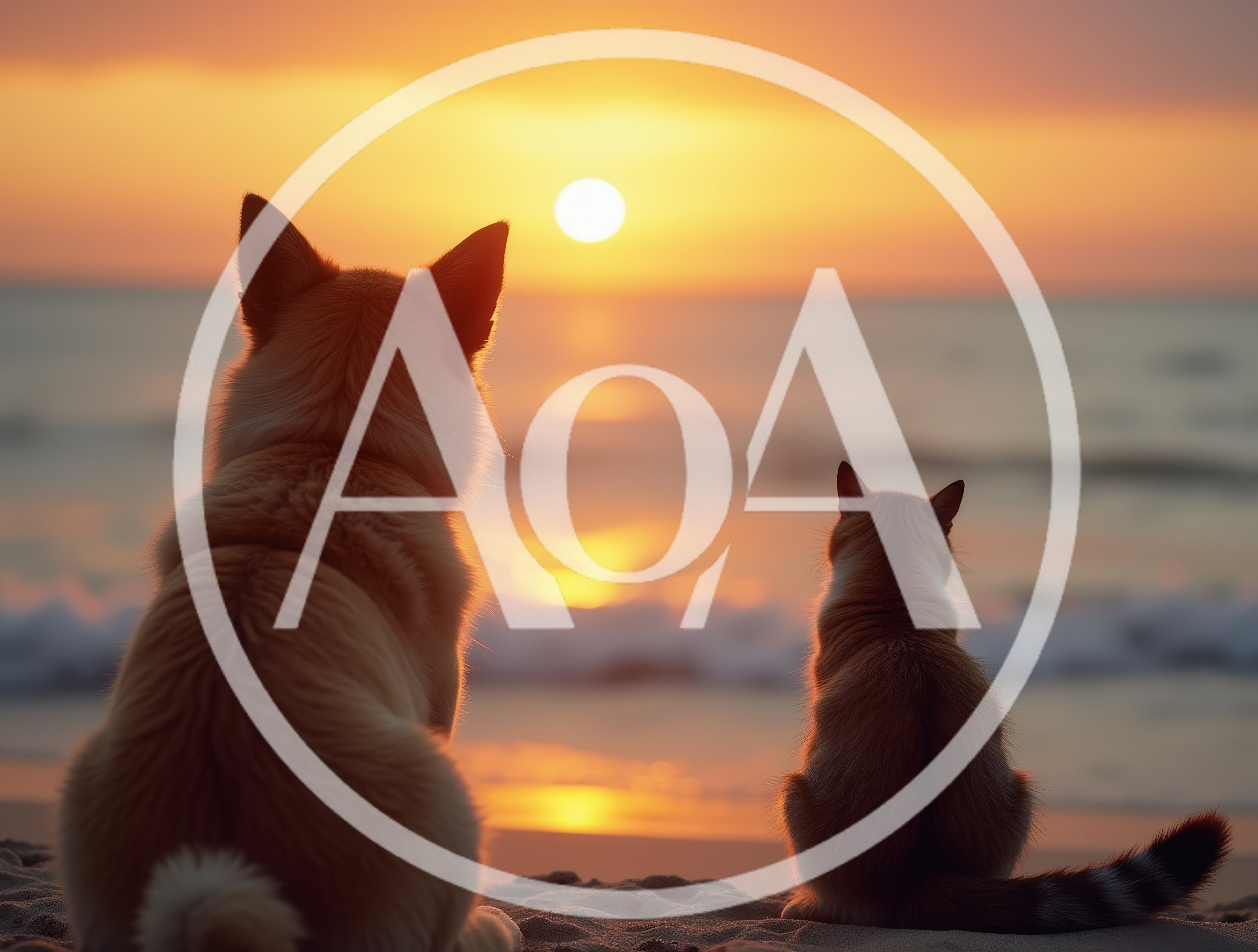 Dog and Cat Sitting Together on Beach at Sunset