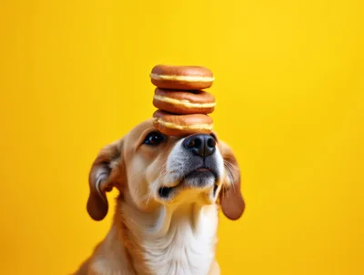 Dog Balancing Three Donuts On Its Head