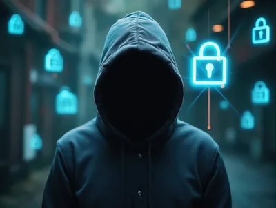 Anonymous Hacker In Hoodie With Digital Security Icons