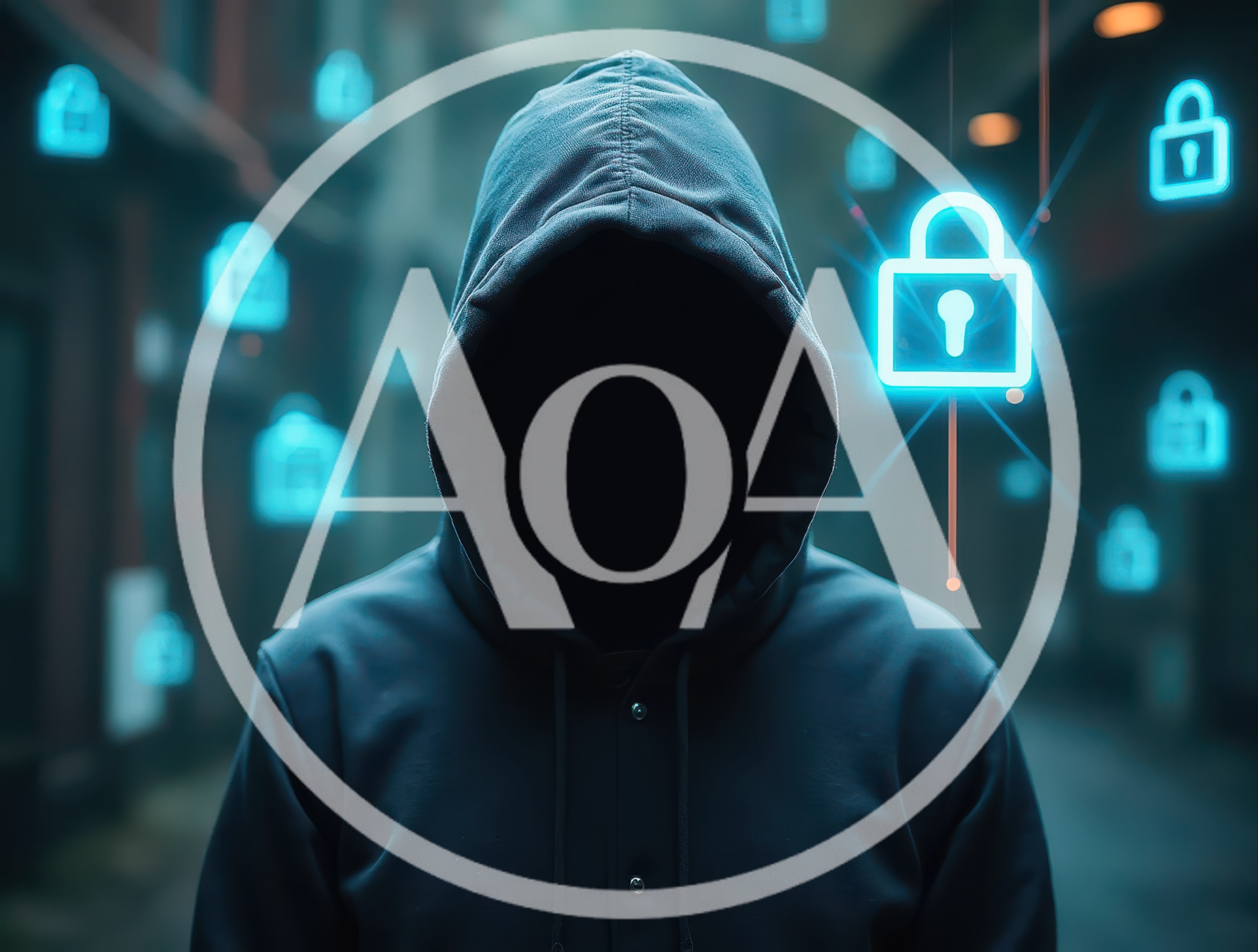 Anonymous Hacker In Hoodie With Digital Security Icons