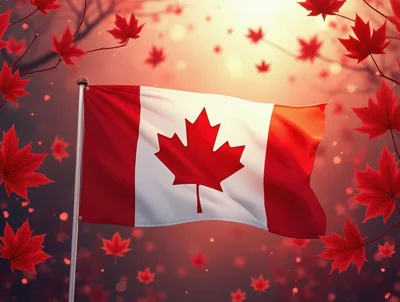 Canadian Flag Waving Amidst Falling Autumn Maple Leaves
