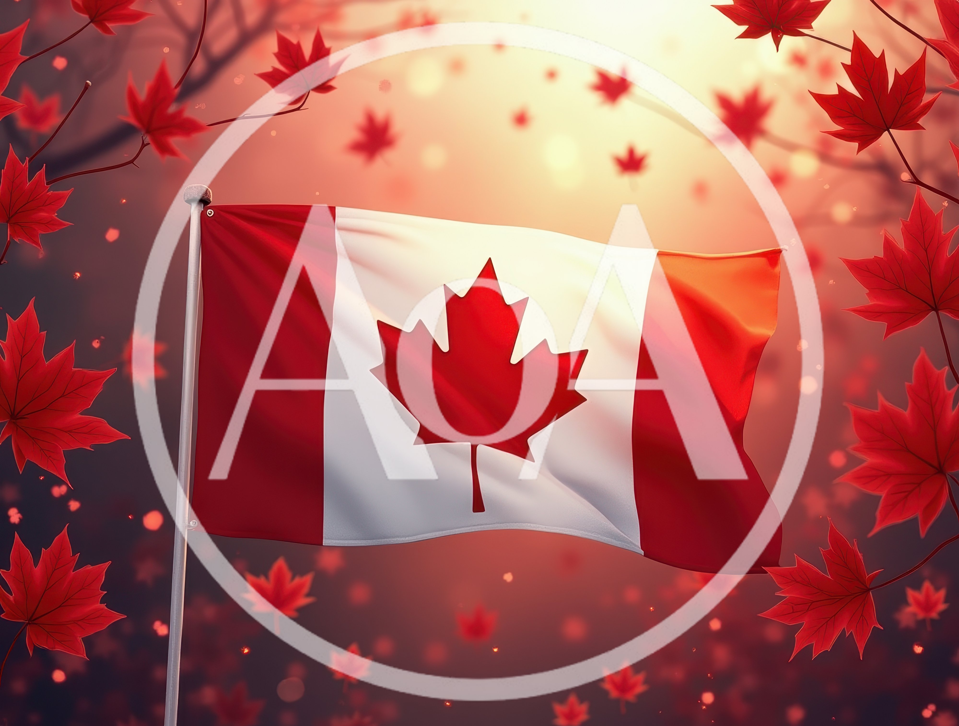 Canadian Flag Waving Amidst Falling Autumn Maple Leaves