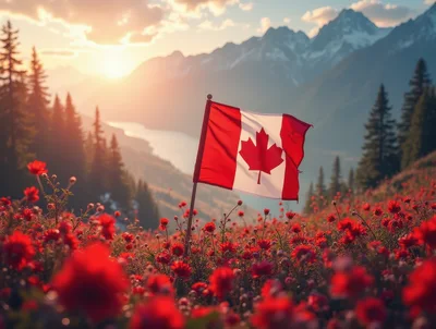 Canadian Flag Waving Over Mountain Meadow