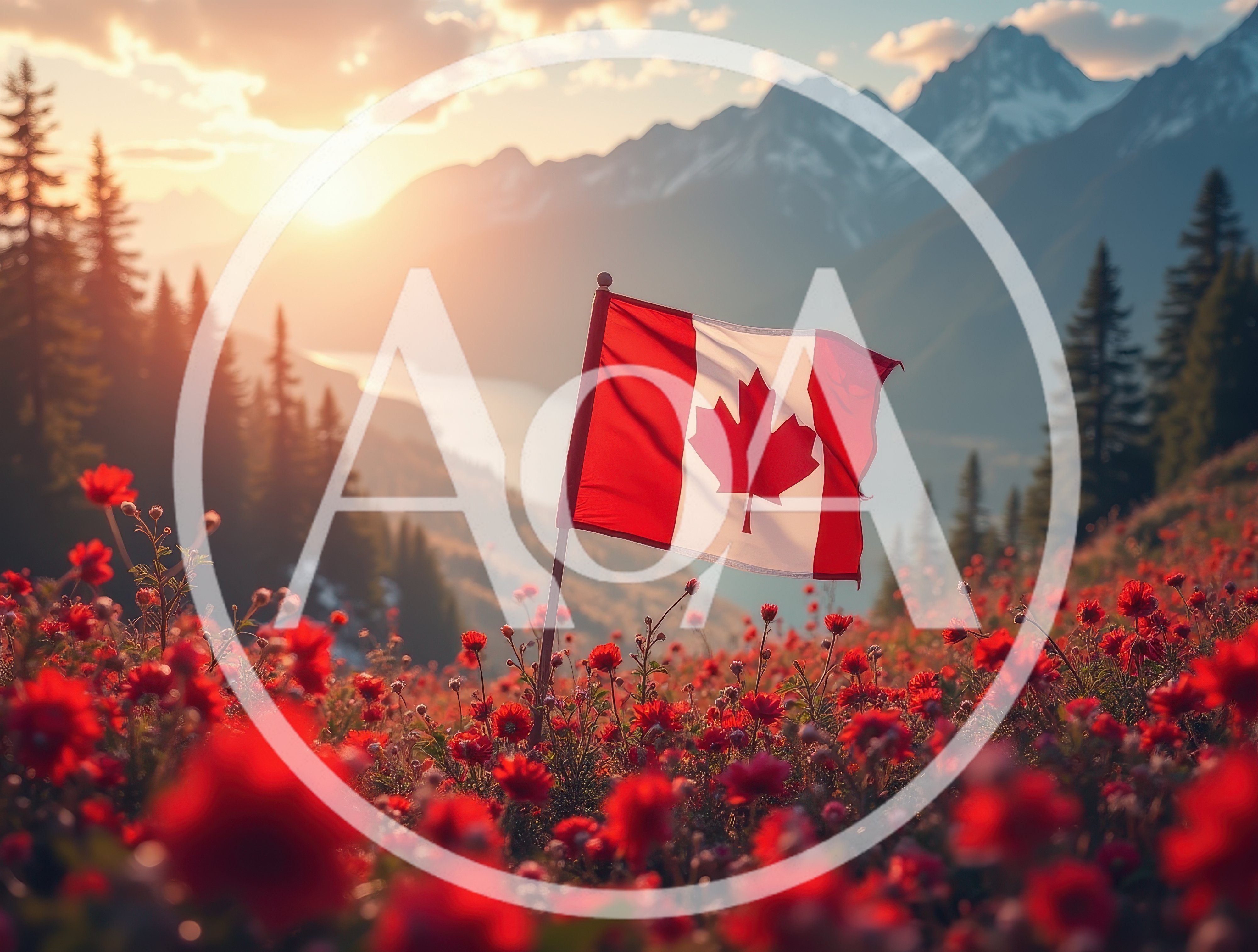 Canadian Flag Waving Over Mountain Meadow