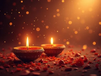 Two Glowing Clay Diyas With Scattered Rose Petals