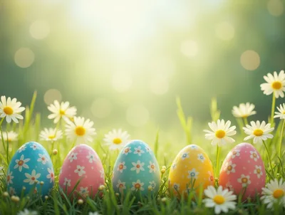 Colorful Easter Eggs Among Daisies in Sunny Grass
