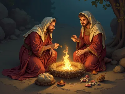 Two Men In Ancient Robes Sitting By A Campfire
