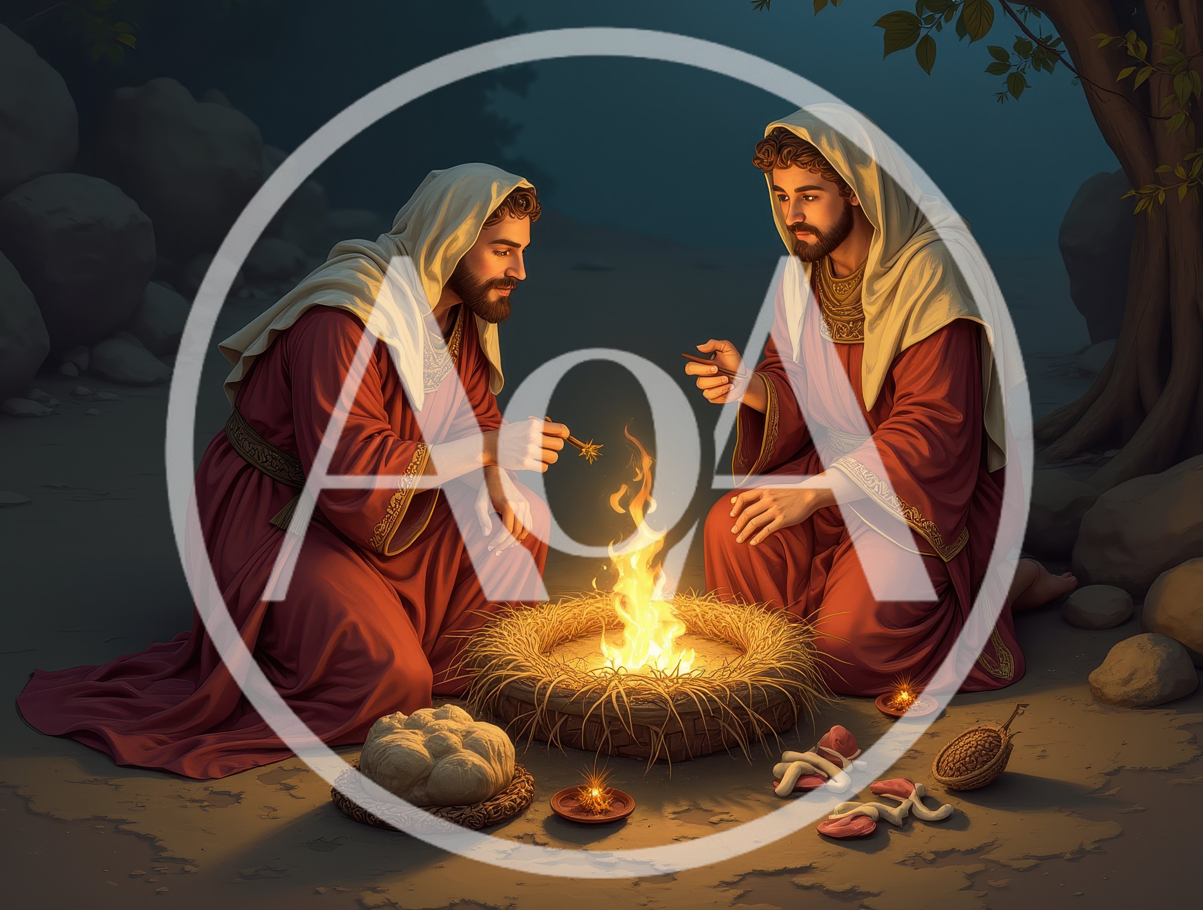 Two Men In Ancient Robes Sitting By A Campfire
