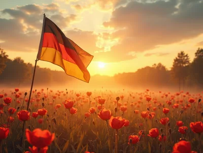 German Flag Waving Over A Field Of Red Poppies
