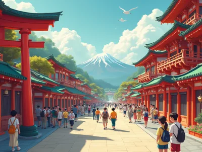 Crowded Street Leading To Mount Fuji With Traditional Japanese Architecture