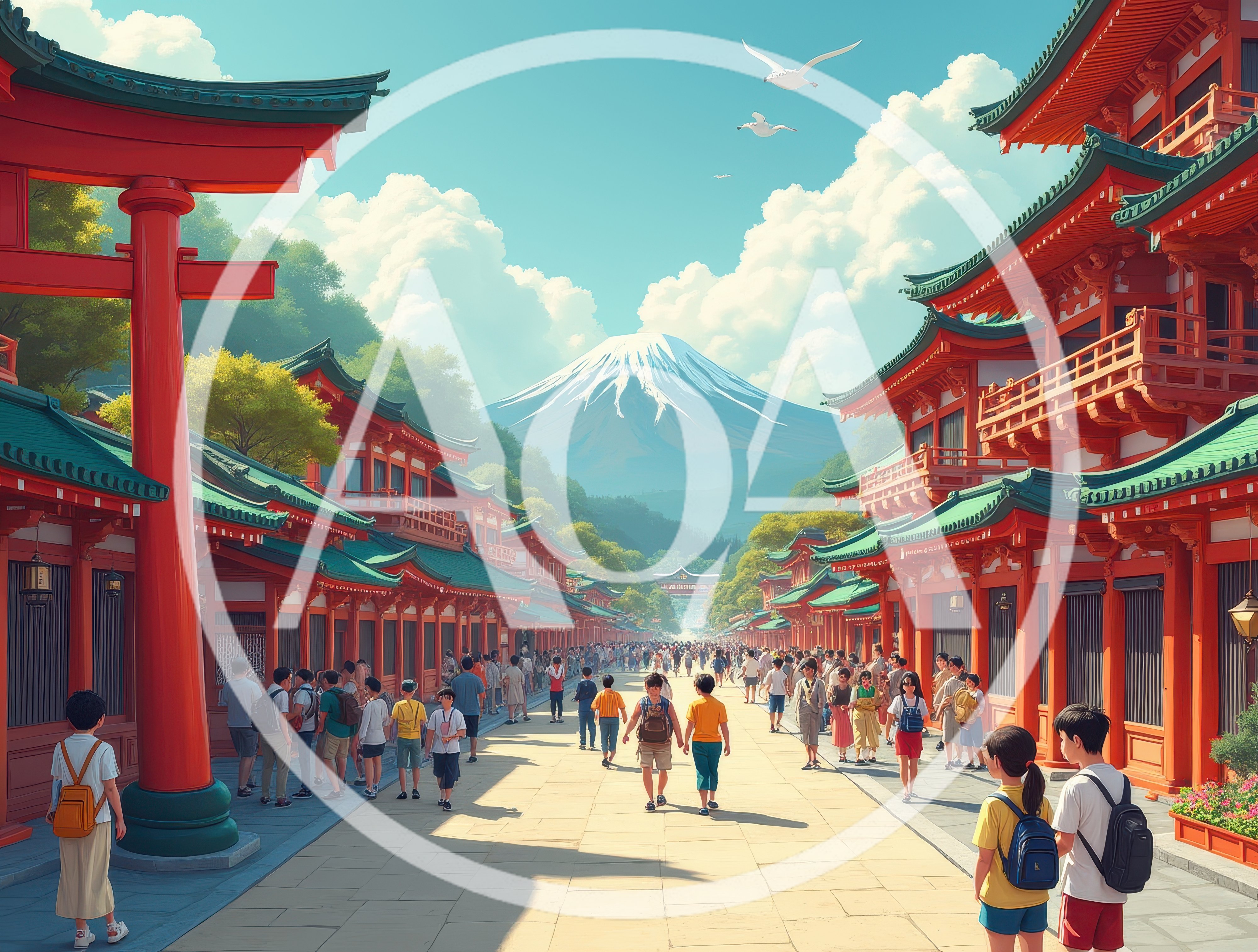 Crowded Street Leading To Mount Fuji With Traditional Japanese Architecture