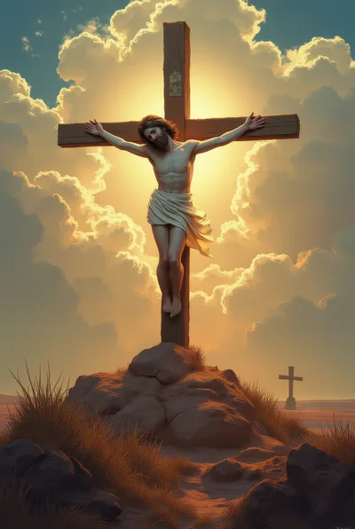 Jesus Christ Crucified On A Wooden Cross At Sunset