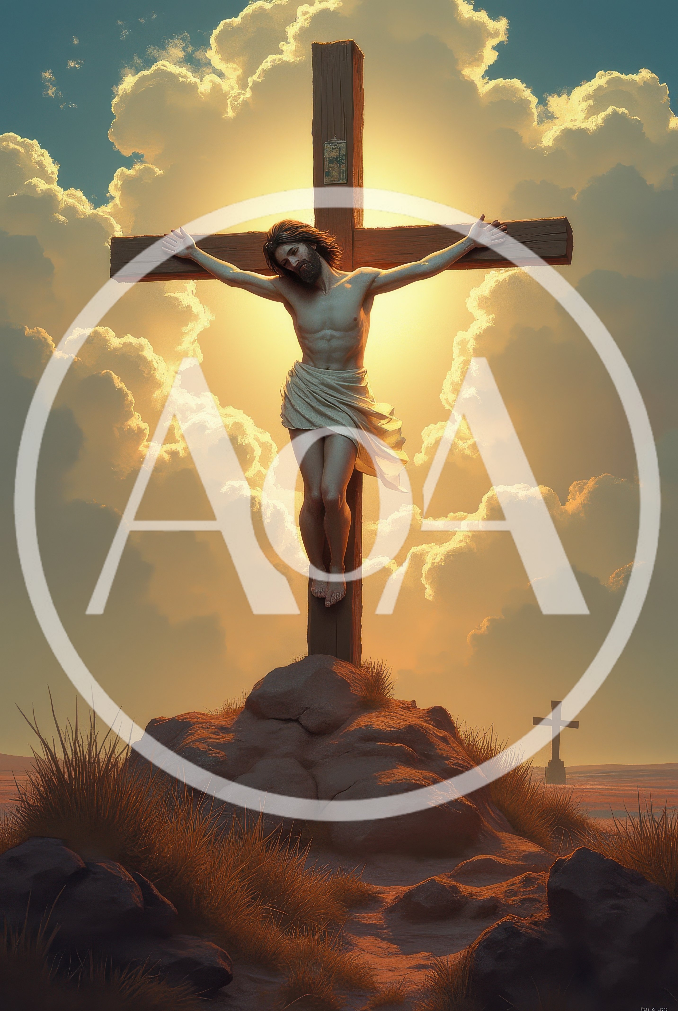 Jesus Christ Crucified On A Wooden Cross At Sunset