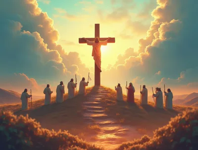 Jesus Christ Crucified On A Hill With Disciples