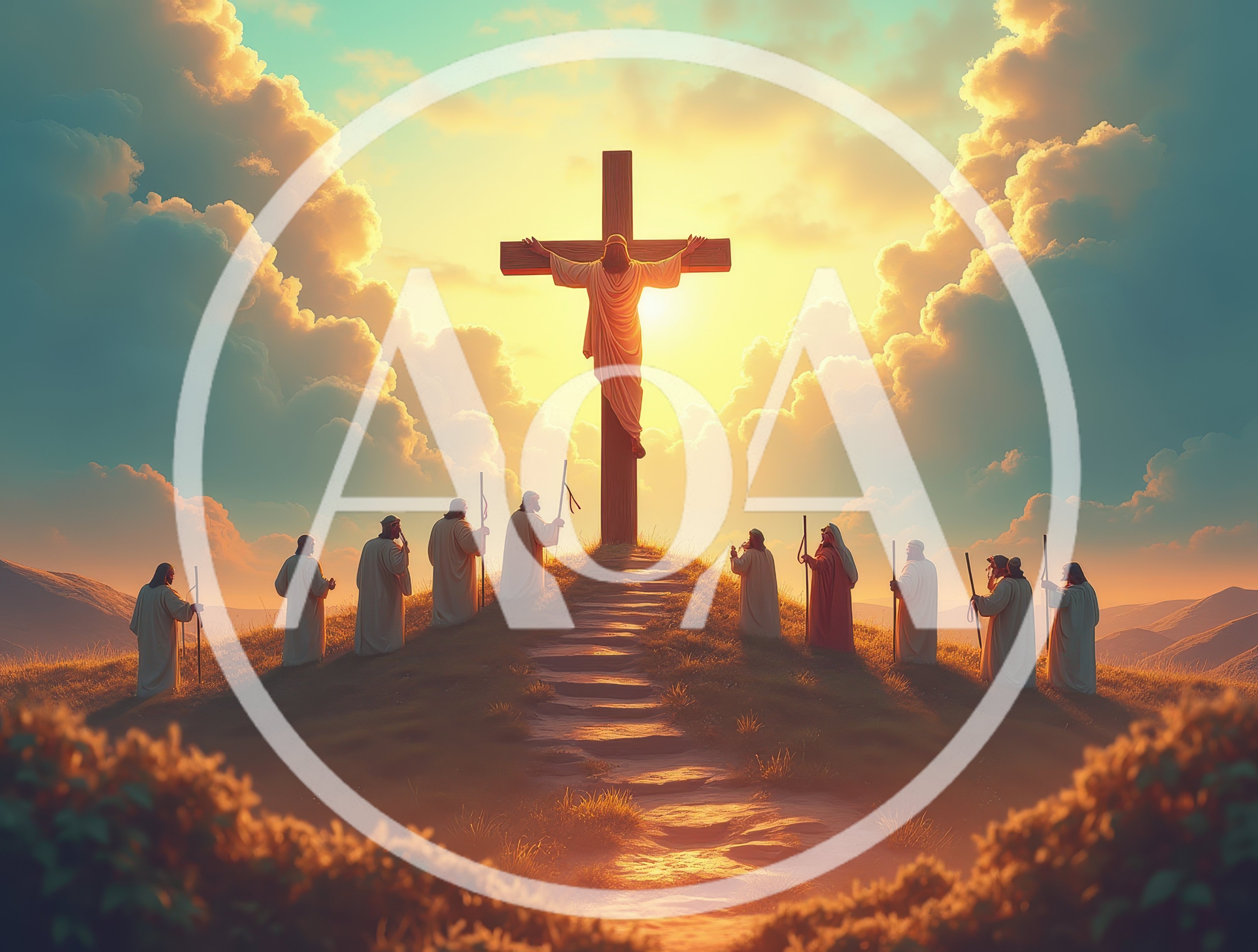 Jesus Christ Crucified On A Hill With Disciples