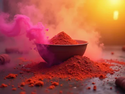 Red Holi Powder Exploding From A Bowl