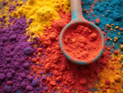 Vibrant Holi Festival Colored Powder In A Wooden Spoon