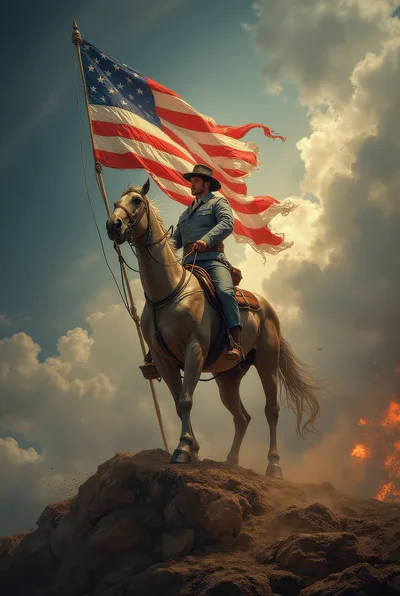 Soldier On Horseback Holding American Flag