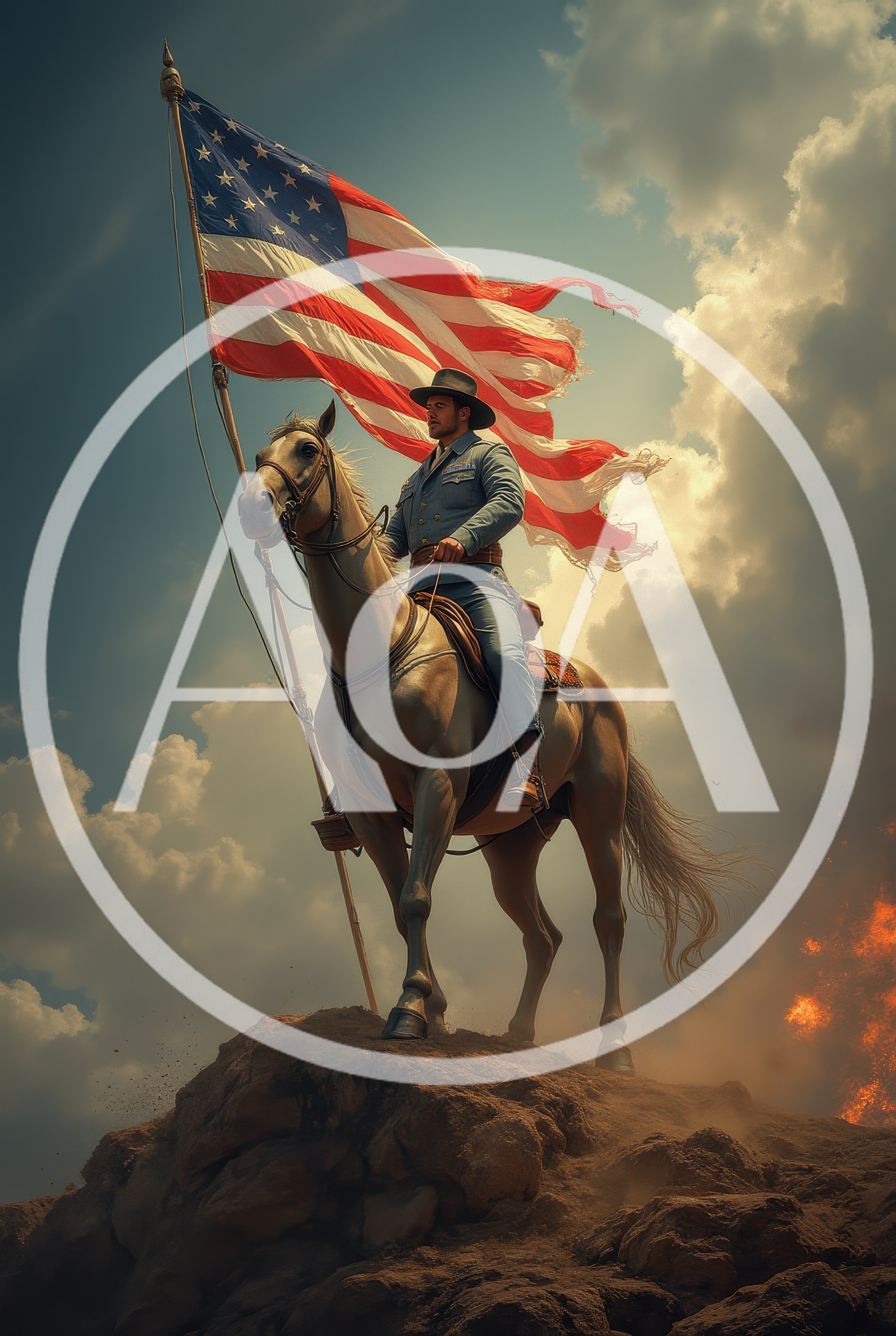 Soldier On Horseback Holding American Flag