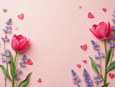 Pink Tulips and Purple Flowers with Paper Hearts