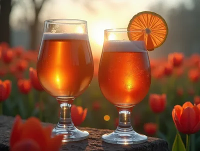 Two Glasses Of Beer In A Tulip Field