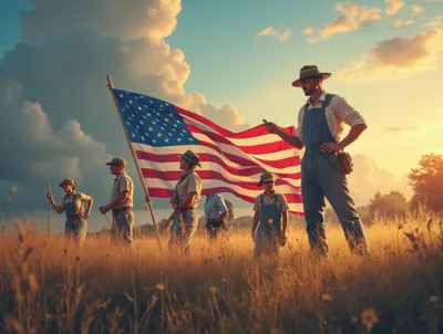 Group of Farmers Holding American Flag in Golden Field