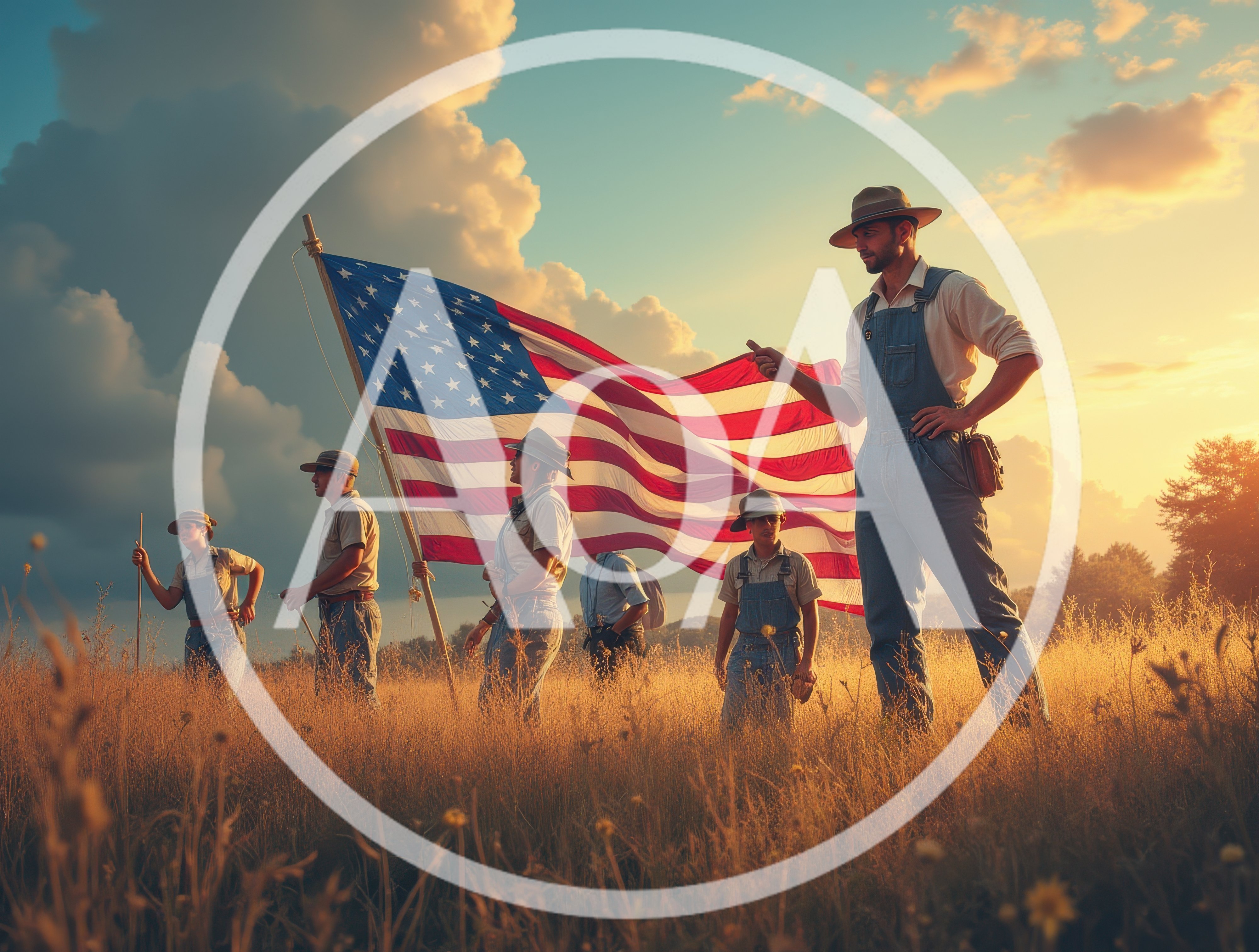 Group of Farmers Holding American Flag in Golden Field