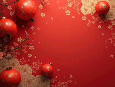 Red Chinese Lanterns With Floral Patterns On Red Background