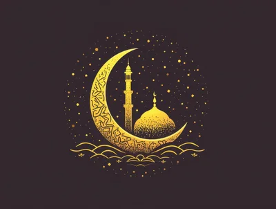 Golden Crescent Moon And Mosque Illustration