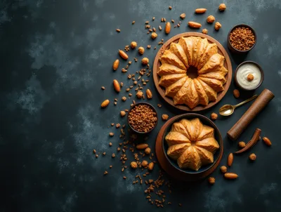 Bundt Cakes With Nuts And Cream On Dark Background