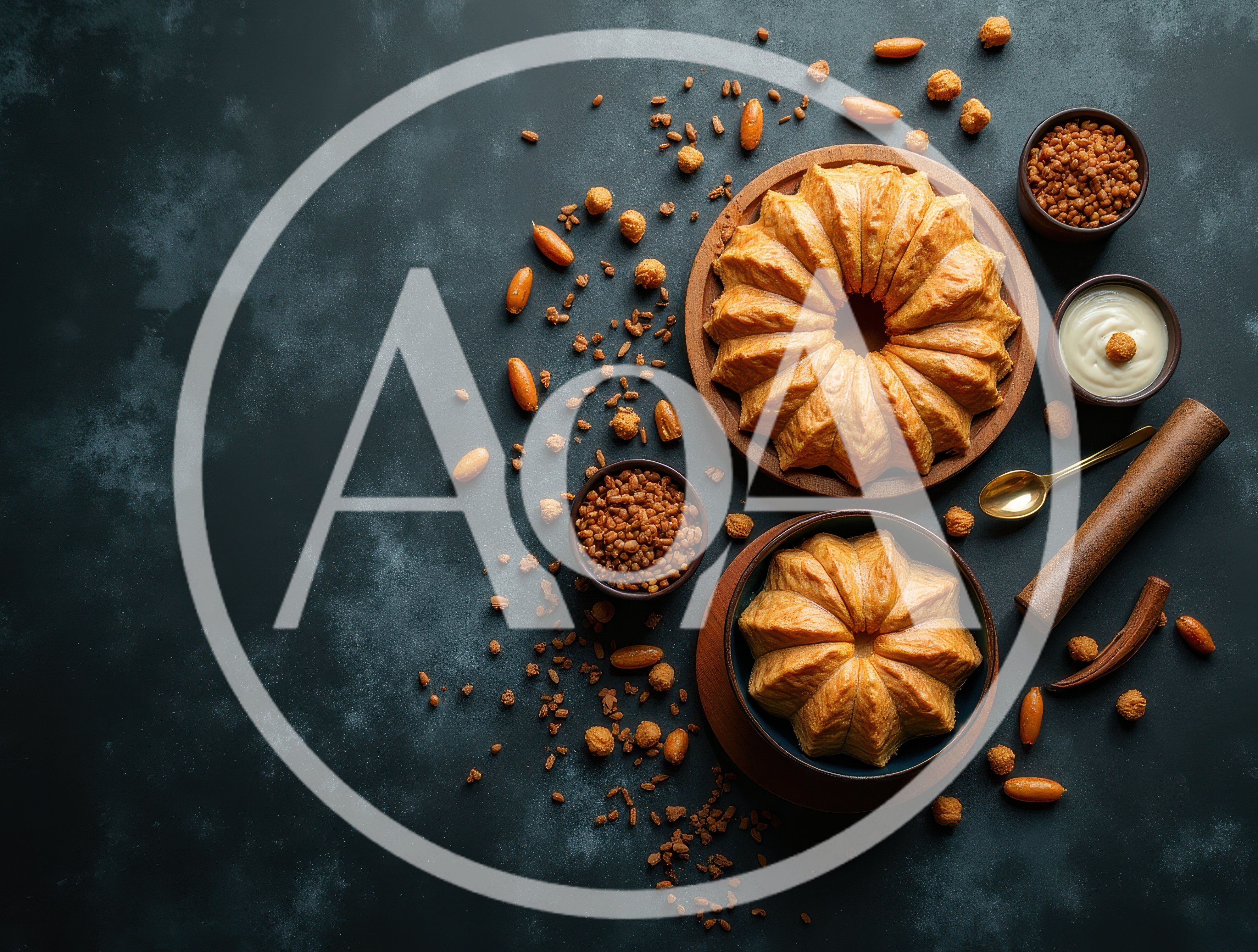 Bundt Cakes With Nuts And Cream On Dark Background