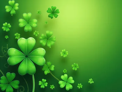 Floating Four Leaf Clovers On Green Background
