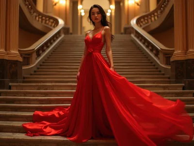 Elegant Woman In Red Gown On Grand Staircase