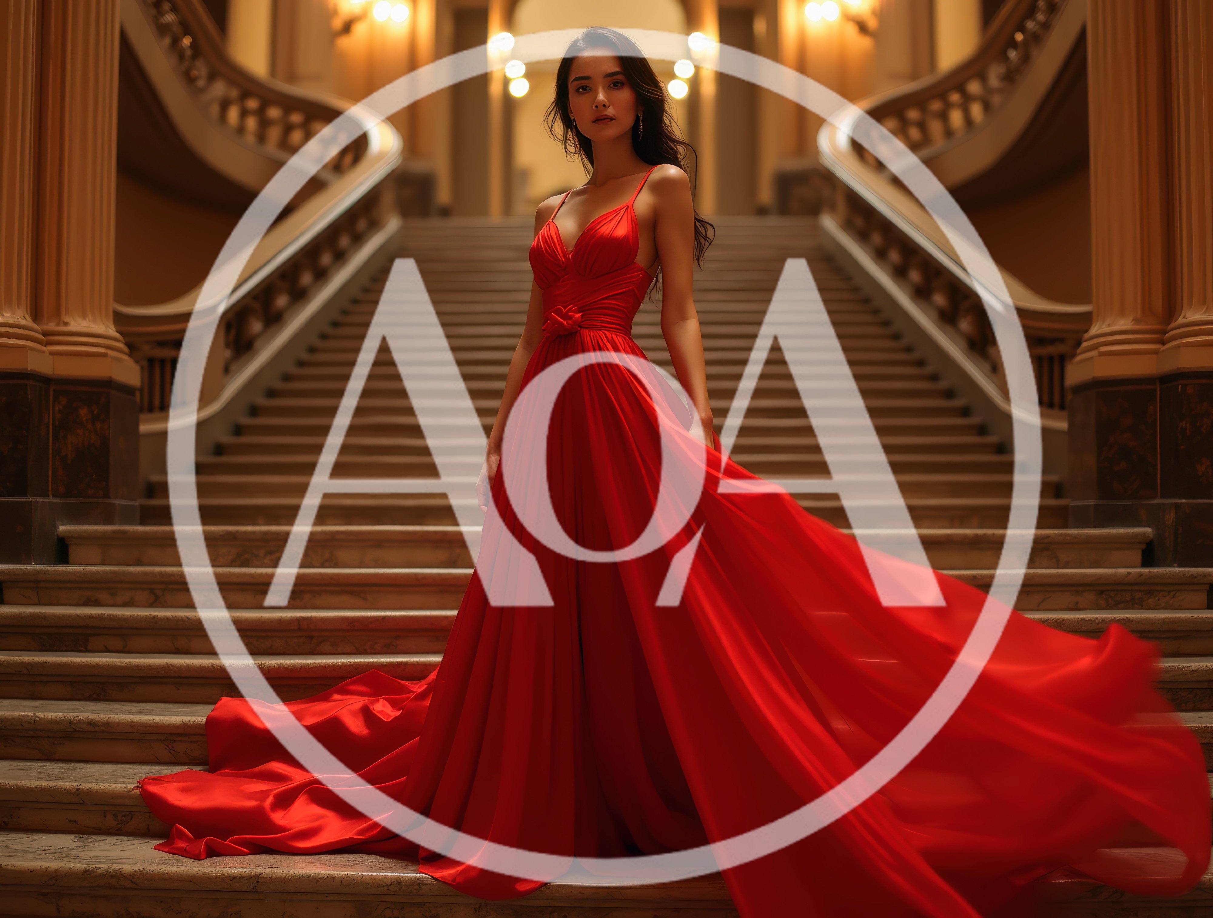 Elegant Woman In Red Gown On Grand Staircase