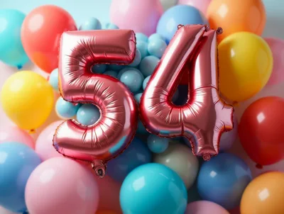Rose Gold Number 54 Balloons on Colorful Background