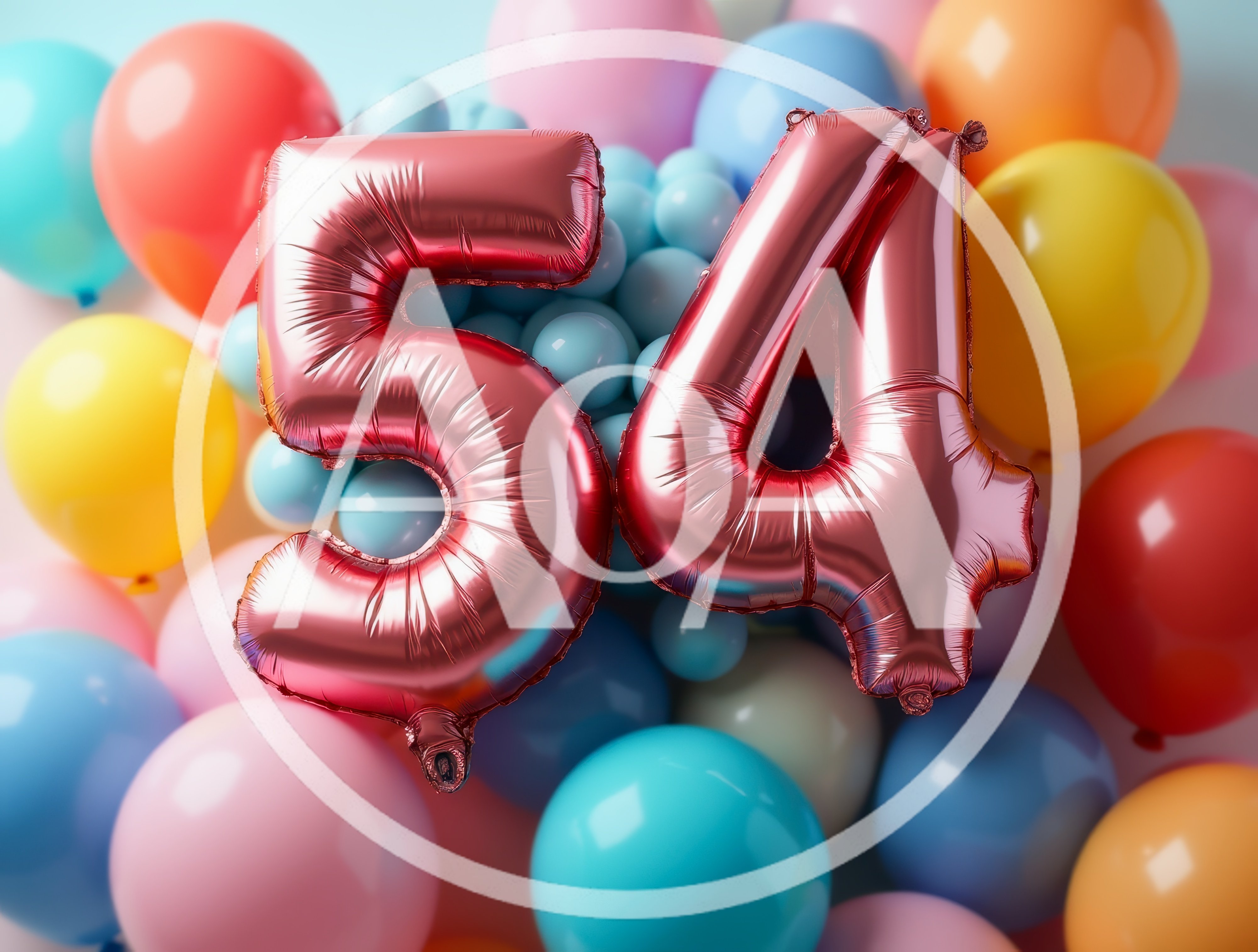 Rose Gold Number 54 Balloons on Colorful Background