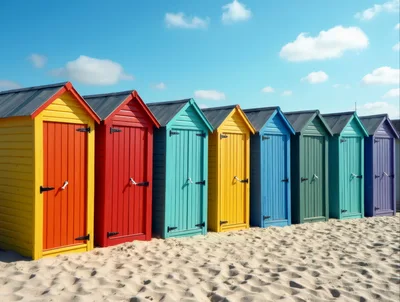 Row Of Colorful Wooden Beach Huts On Sandy Shore