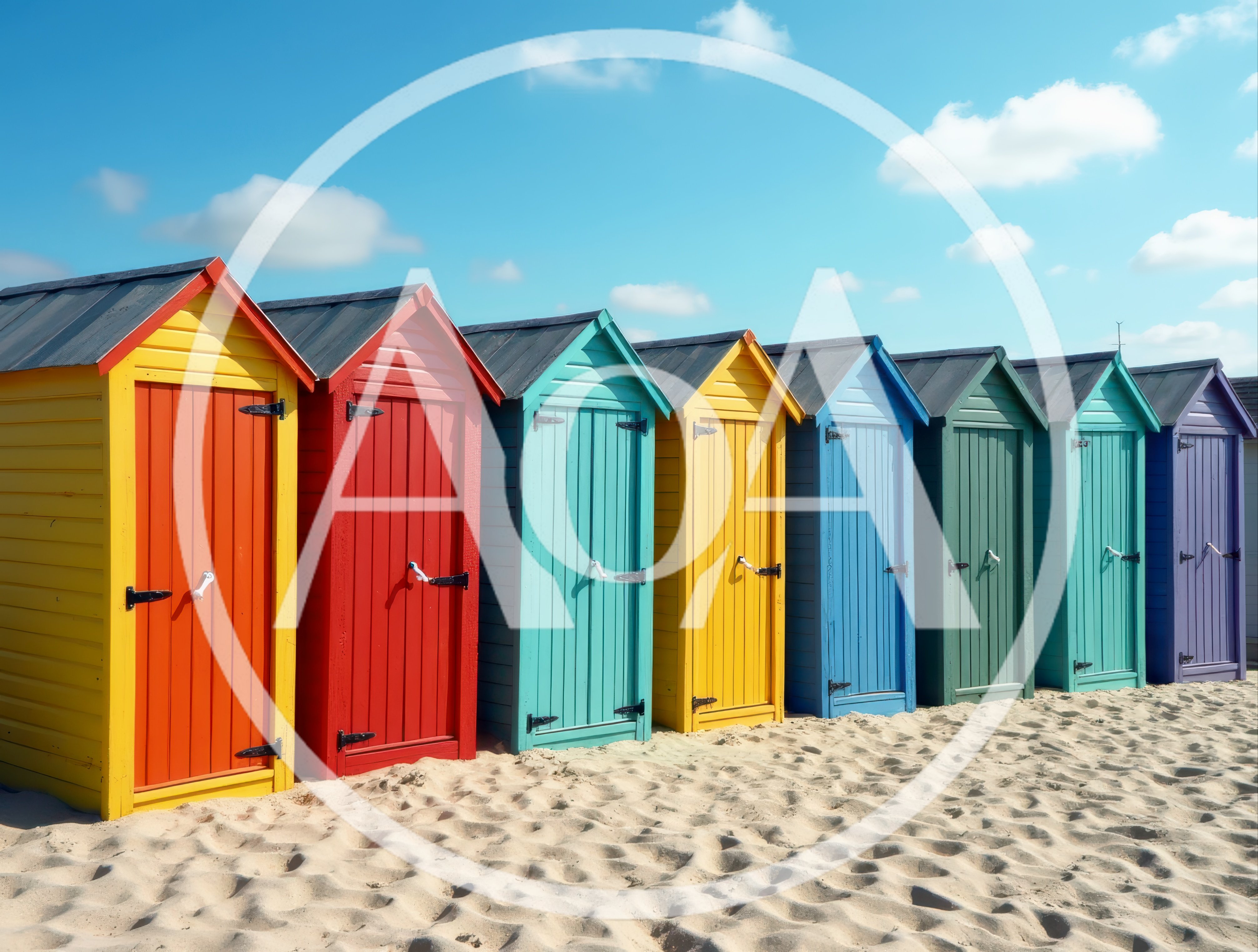 Row Of Colorful Wooden Beach Huts On Sandy Shore