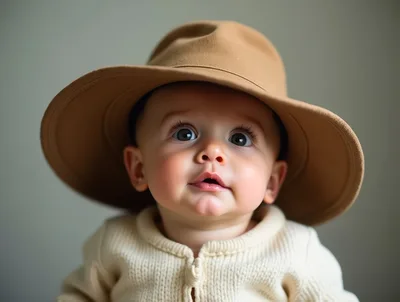 Adorable Baby Wearing A Large Brown Fedora Hat