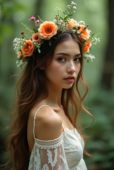 Young Woman Wearing Floral Crown In Forest