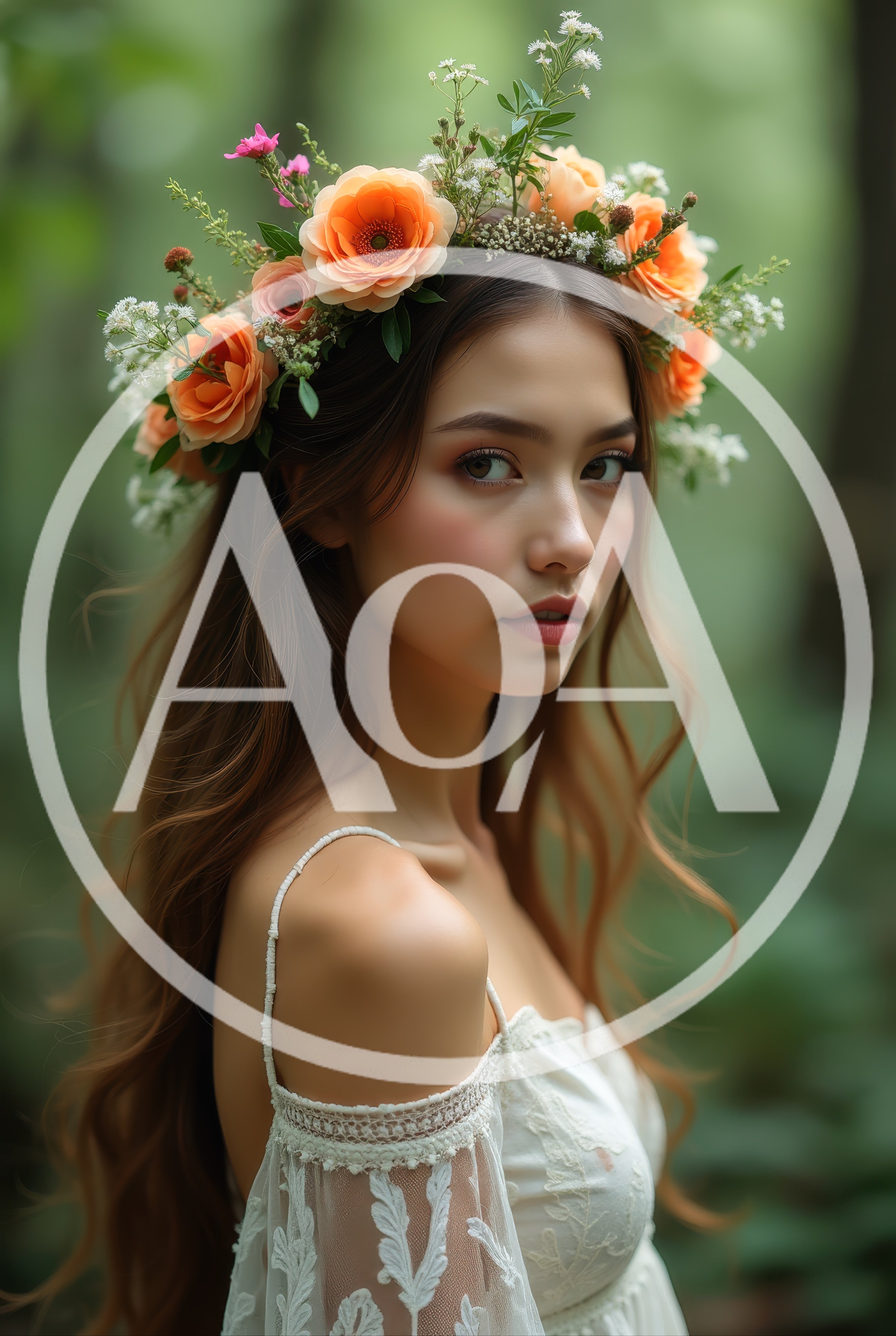 Young Woman Wearing Floral Crown In Forest